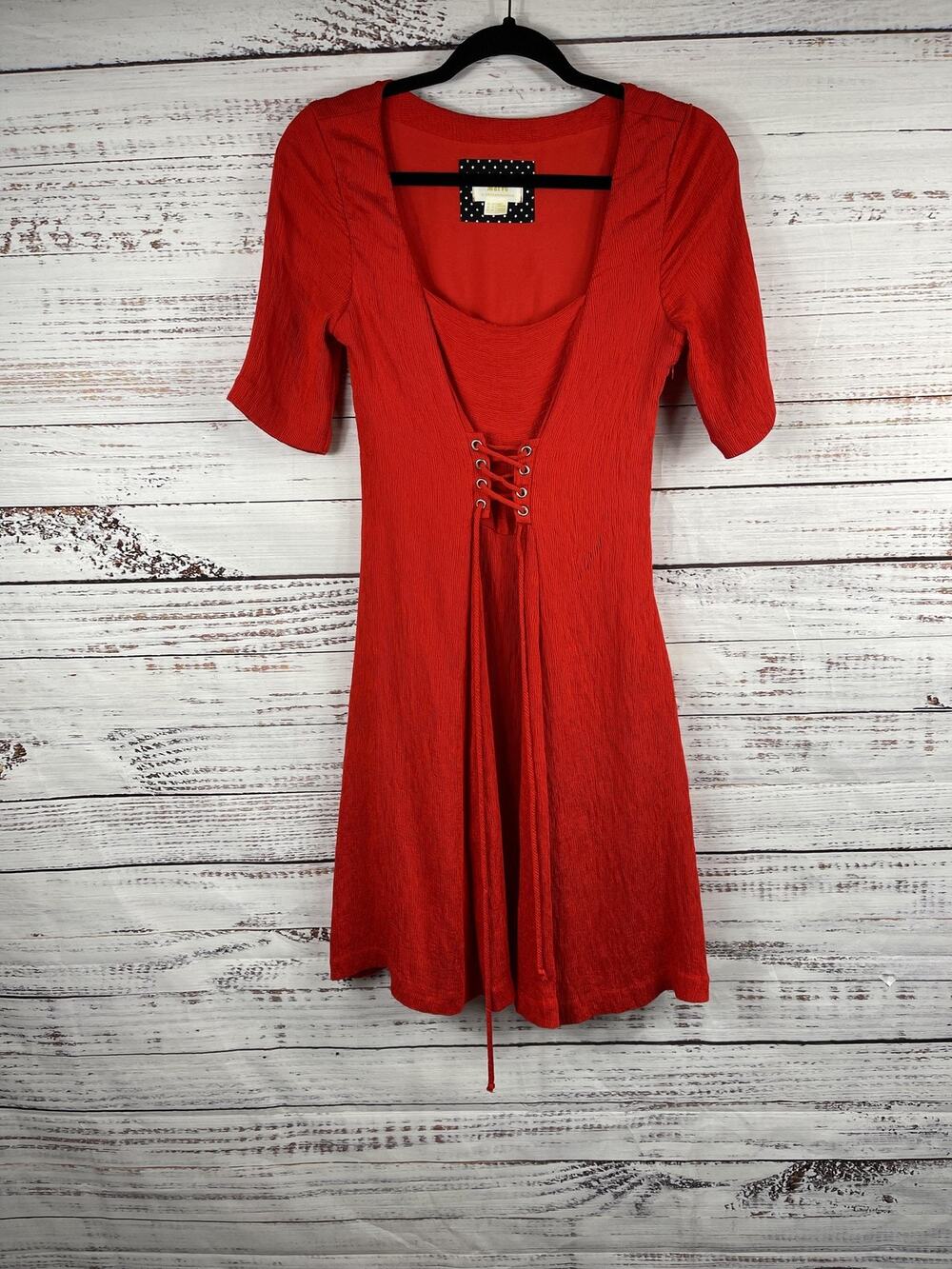 Maeve Dress Women's Size 2 Red Lace Up Fit Flare Crinkle Textured Half Sleeve